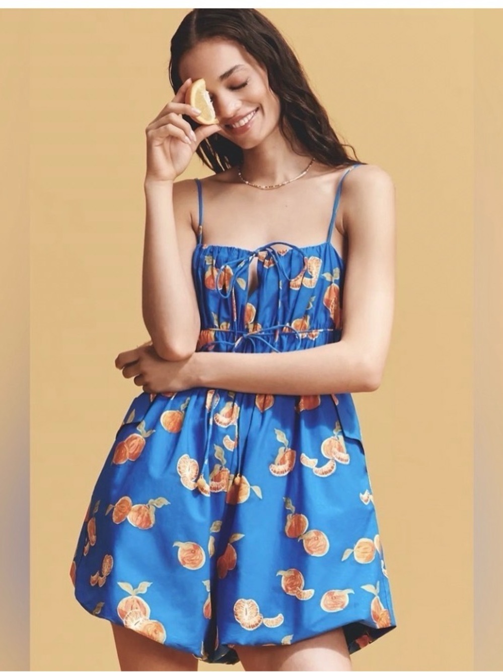 Farm Rio x Anthropologie Orange Printed Smocked Sleeveless Romper